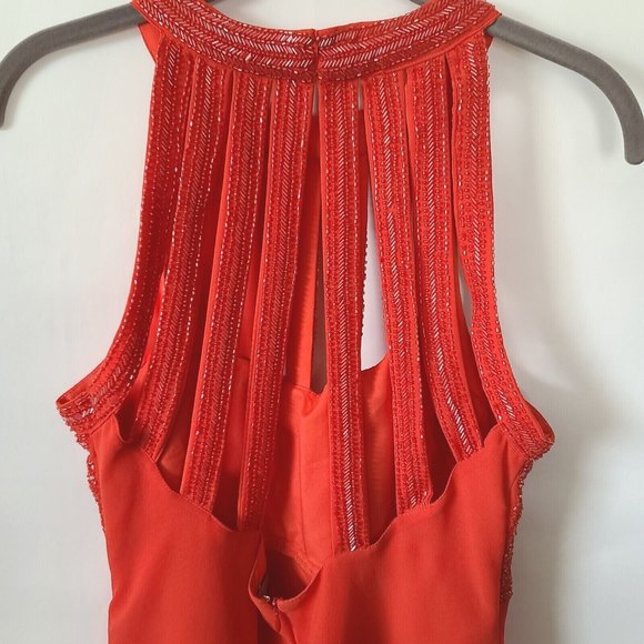 ASOS Sequined Halter Skater Dress Sz 10 Red Sleeveless Chiffon Fit Flare EUC - Picture 7 of 10